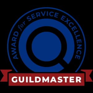 A logo badge for an award for service excellence from GuildMaster.
