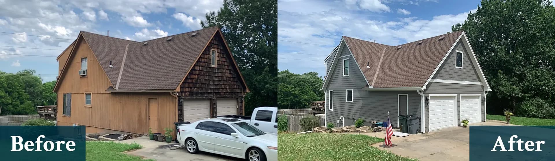 Before and After photo of a Lenex, KS home updated with James Hardie Siding and Marvin Windows by Safe Harbor Exteriors.