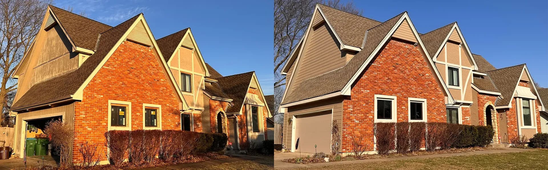 Before and After image of an Overland Park home with James Hardie Siding and Marvin Windows installed by Safe Harbor Exteriors