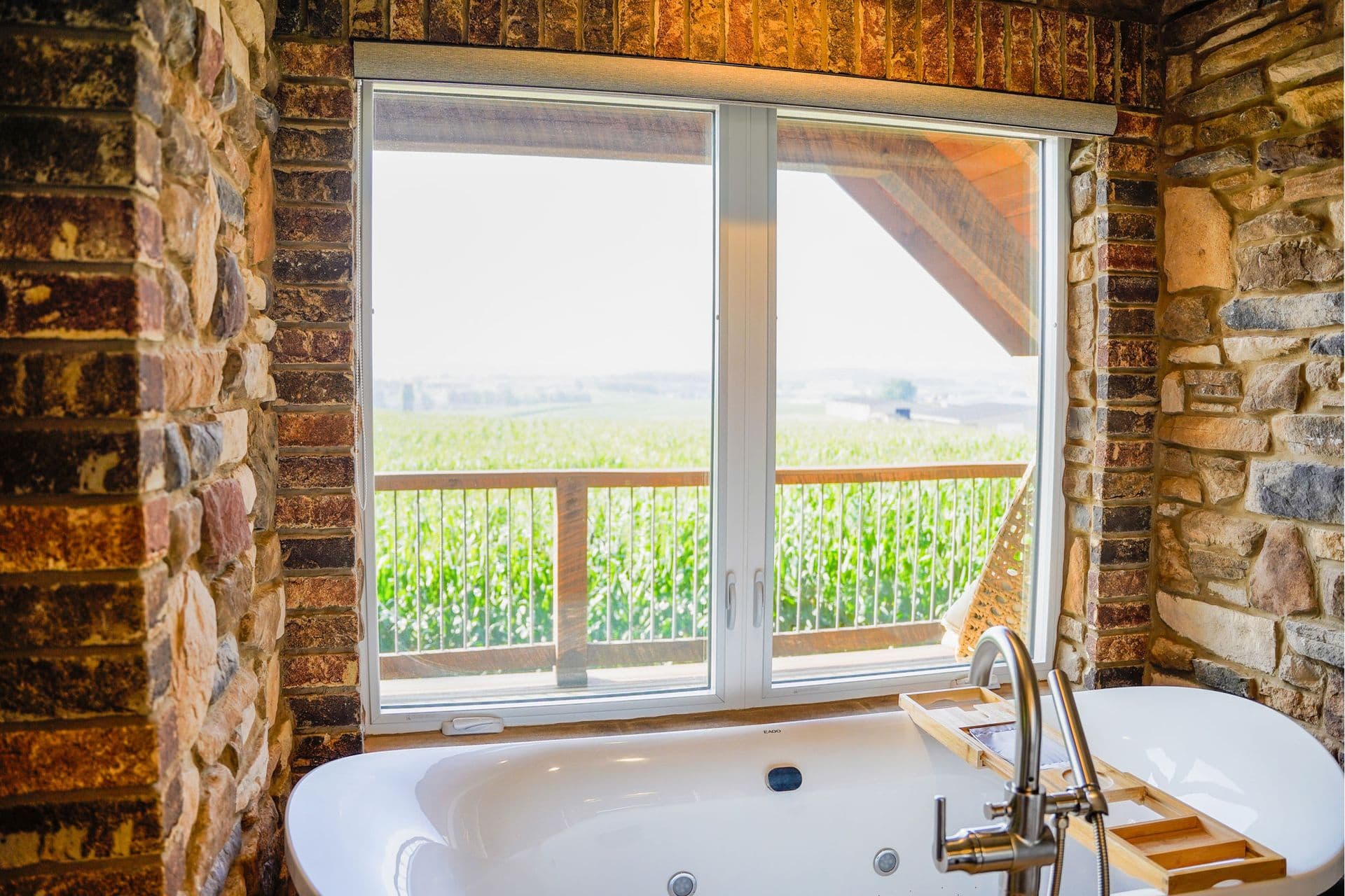 Interior view of ProVia Endure™ Casement Windows in White in a bathroom with a view of the countryside.