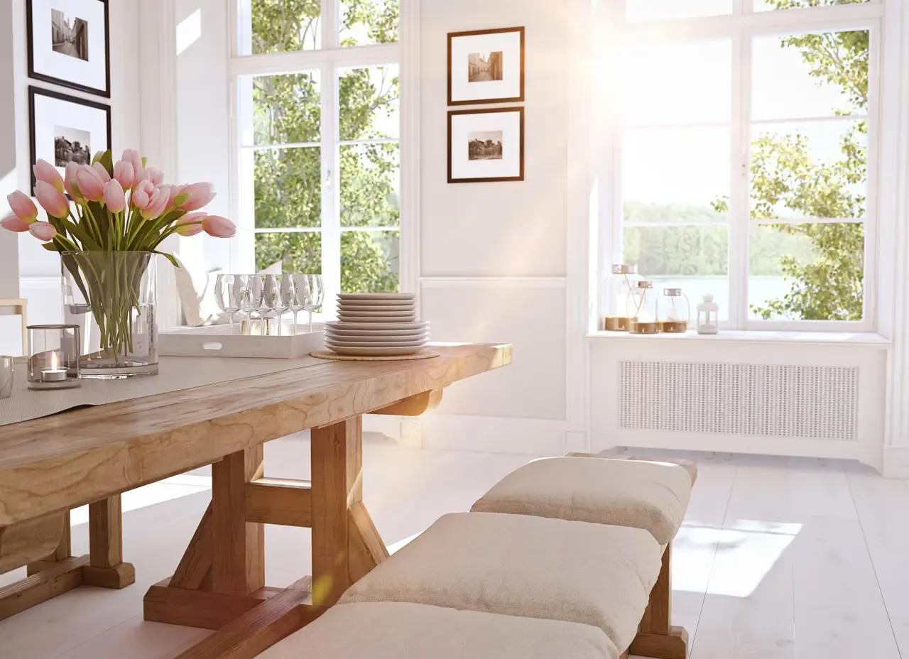 New Vinyl Windows in an all-white dining room.